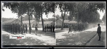 Camp du Ruchard, militaires, plaque verre, photo ancienne, négatif N&B 6x13 cm