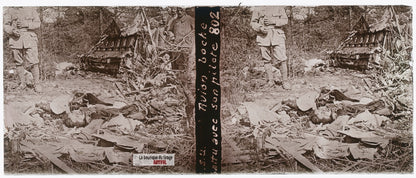 Avion allemand abattu, guerre WW1, plaque verre stéréo, photo 4,5x10,7 cm