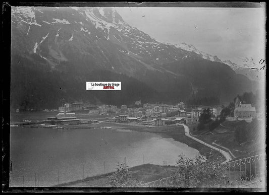 Saint-Moritz Suisse, Plaque verre photo ancienne, négatif noir & blanc 6x9 cm