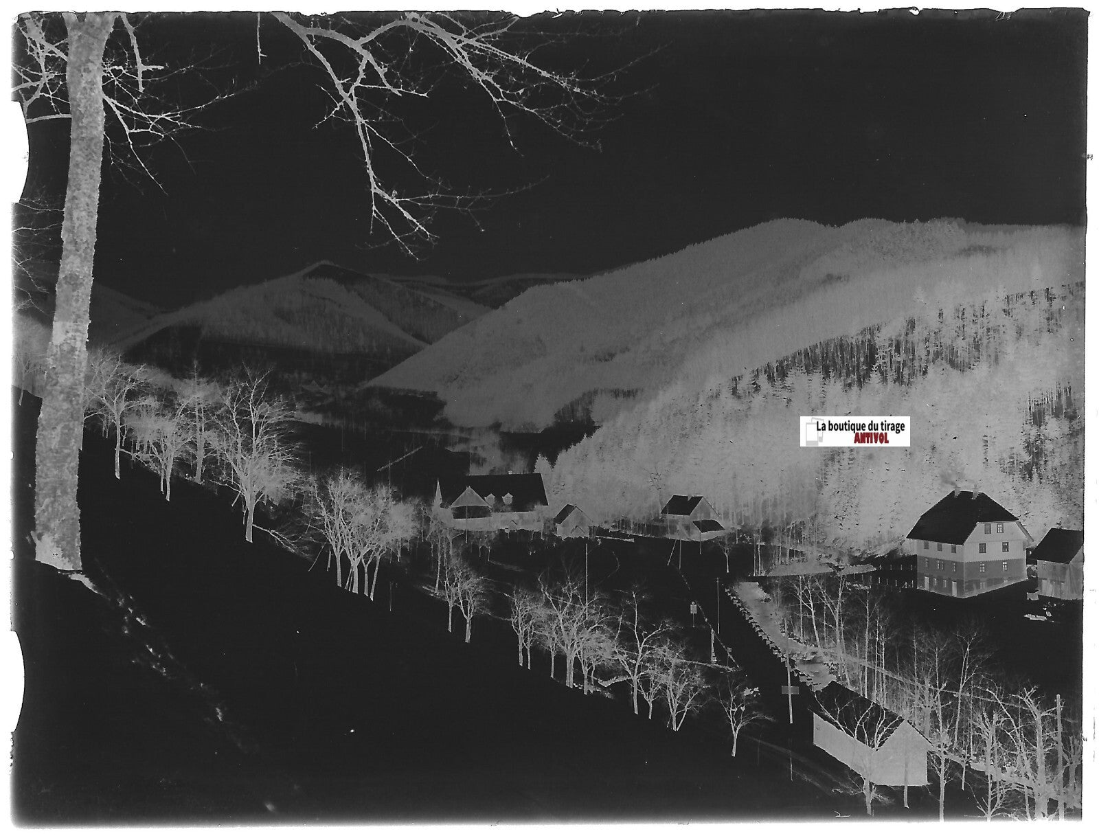 Paysage, montagne hiver, Plaque verre photo, négatif ancien noir & blanc 9x12 cm