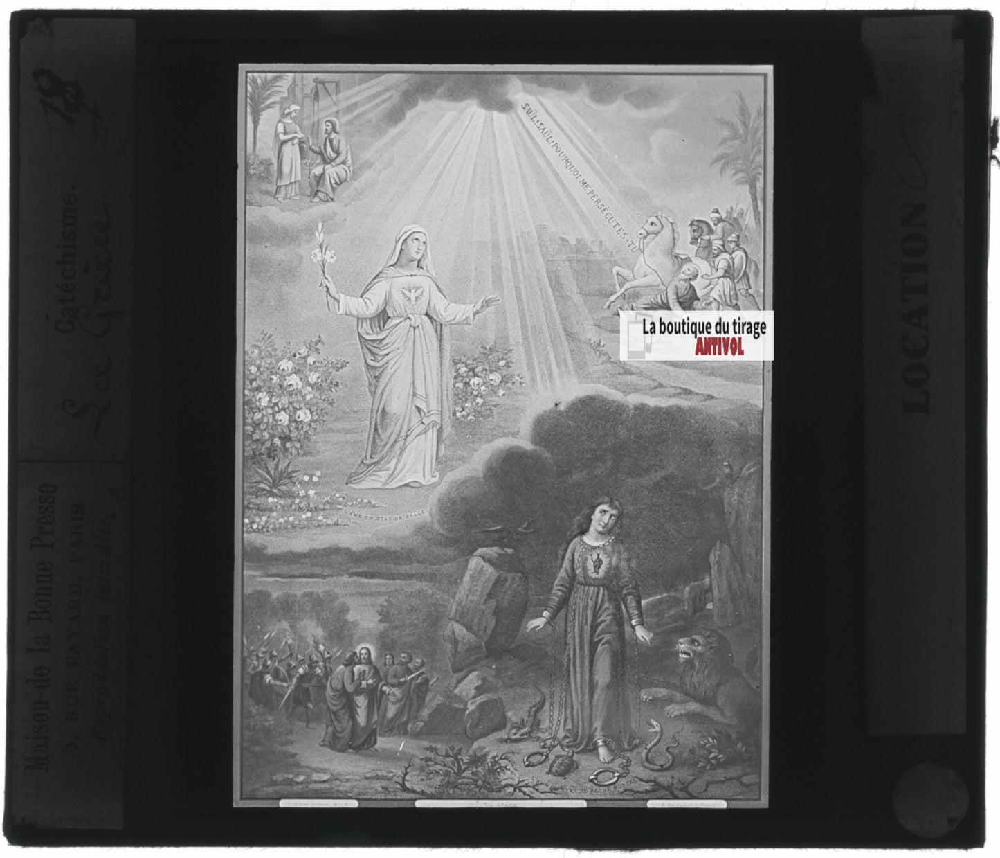 Scène religieuse, catéchisme, dessin peinture, plaque verre, positif 8,5x10 cm