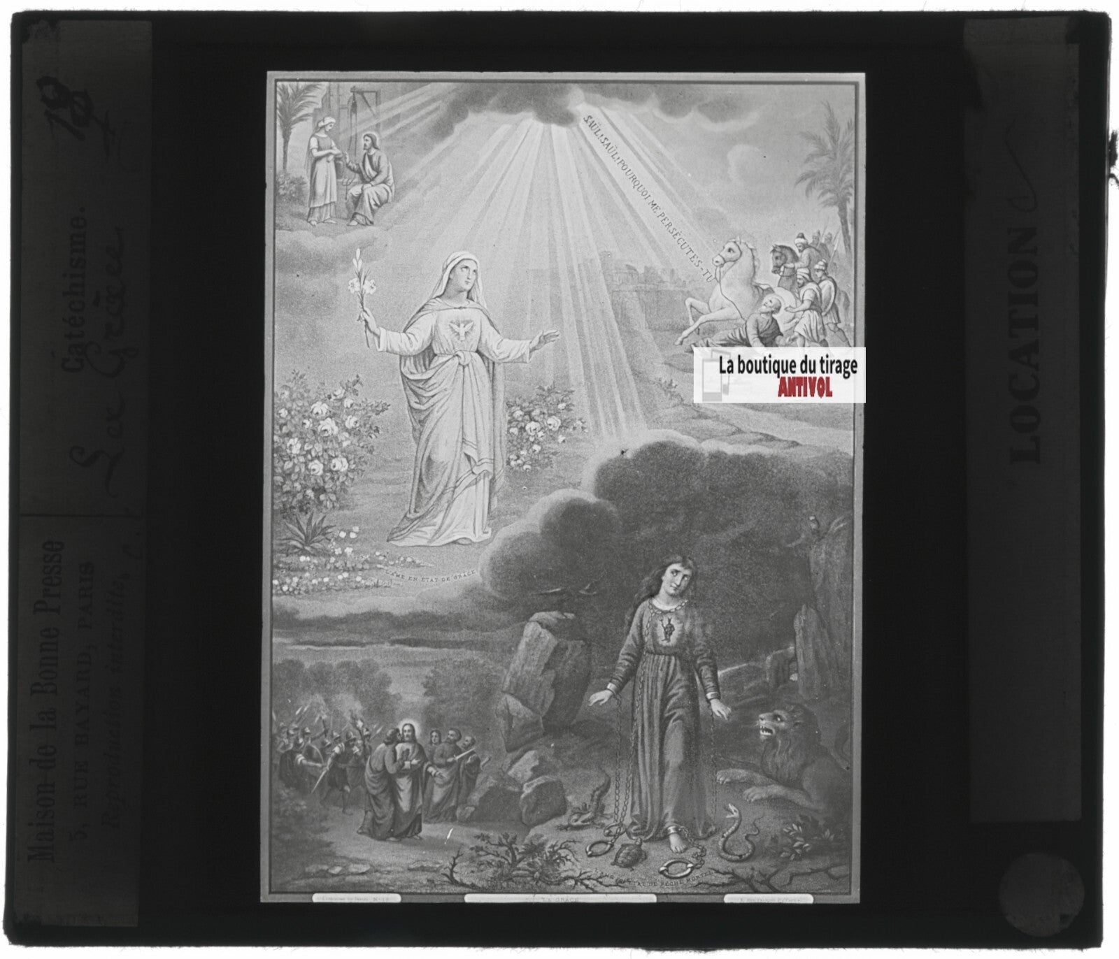 Scène religieuse, catéchisme, dessin peinture, plaque verre, positif 8,5x10 cm