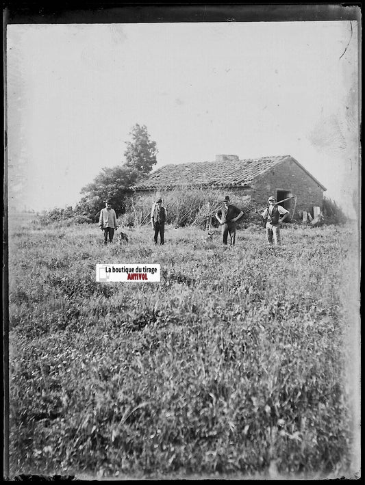 Paysans, campagne, Plaque verre photo ancienne, négatif noir & blanc 9x12 cm