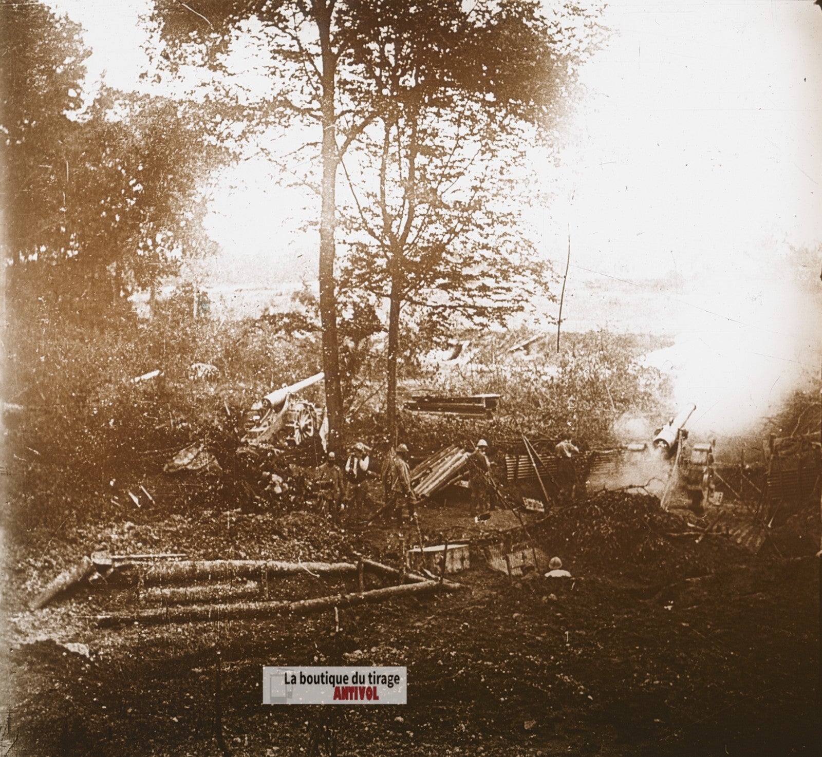 Bois des Cuisines, canon guerre WW1, plaque verre photo ancienne stéréo 6x13 cm