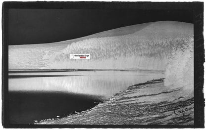 Plaque verre photo ancienne, négatif noir & blanc 9x14 cm, Mont-Dore, lac, eau