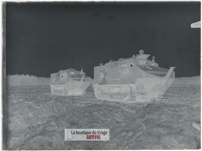 Chars Schneider CA1, WW1, plaque verre, photo ancienne, négatif 9x12 cm