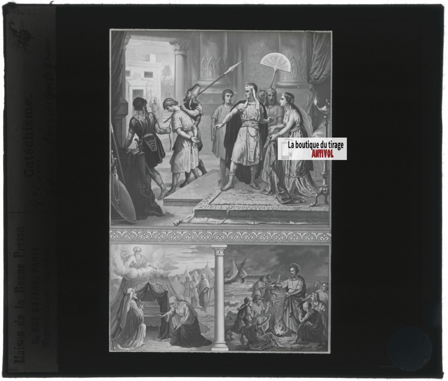 Scène religieuse, catéchisme, dessin peinture, plaque verre, positif 8,5x10 cm