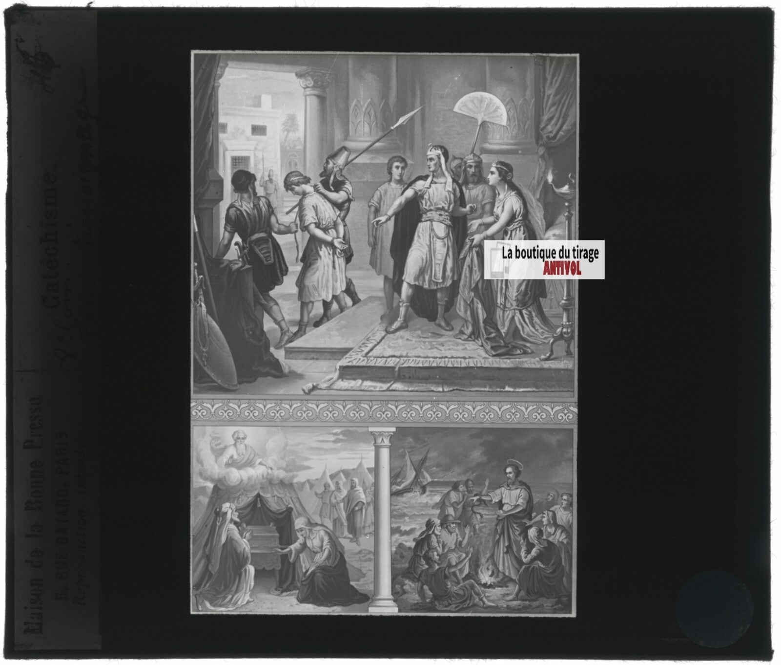 Scène religieuse, catéchisme, dessin peinture, plaque verre, positif 8,5x10 cm