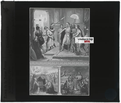 Scène religieuse, catéchisme, dessin peinture, plaque verre, positif 8,5x10 cm