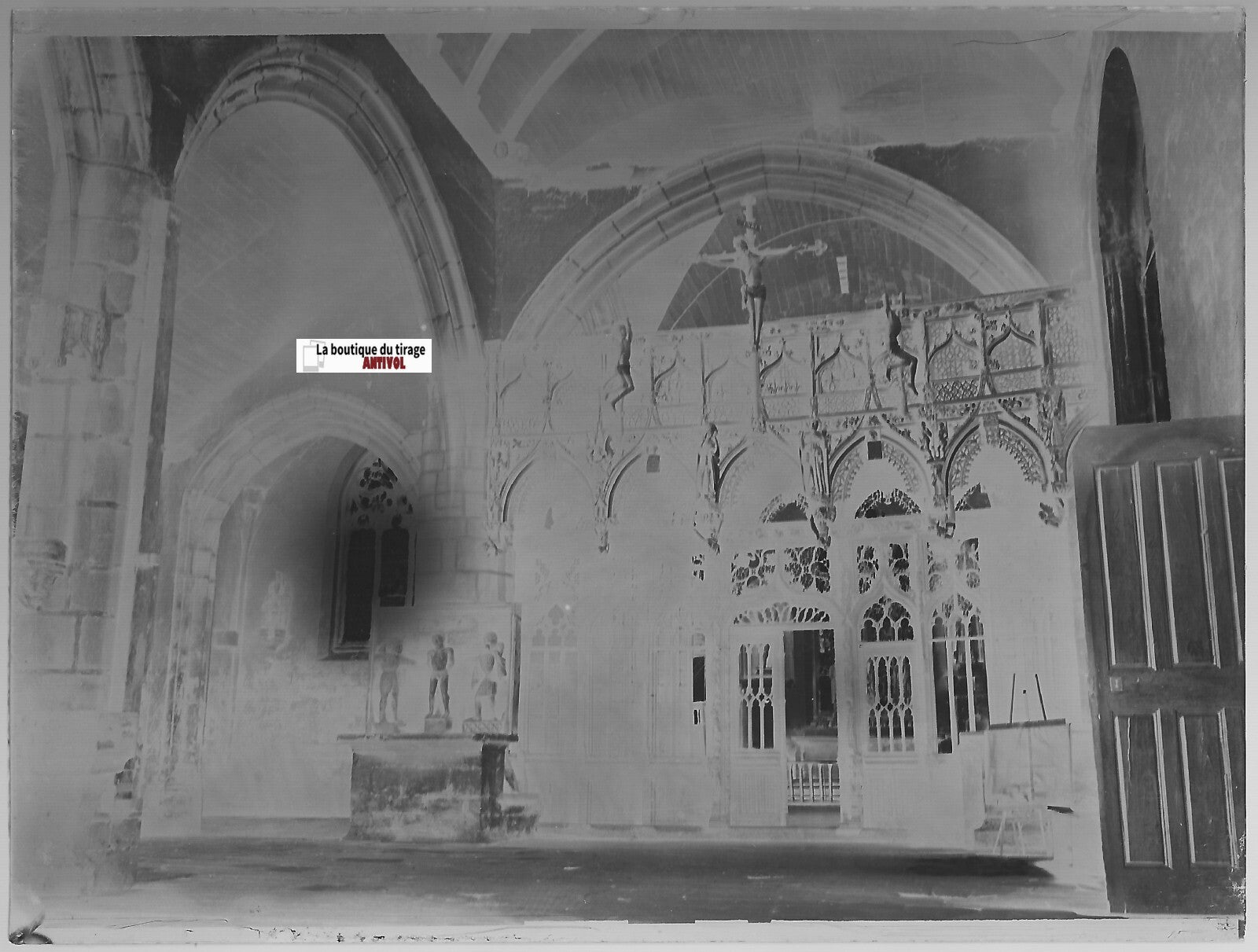 Chapelle Saint-Fiacre Faouët, Plaque verre photo, négatif noir & blanc 9x12 cm