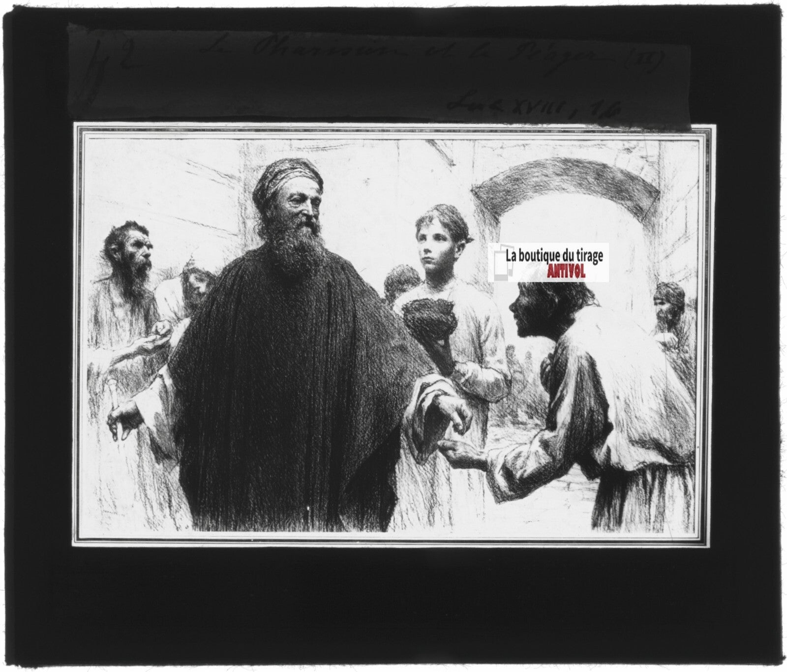 Luc, scène religieuse, dessin peinture plaque de verre, positif 8,5x10 cm