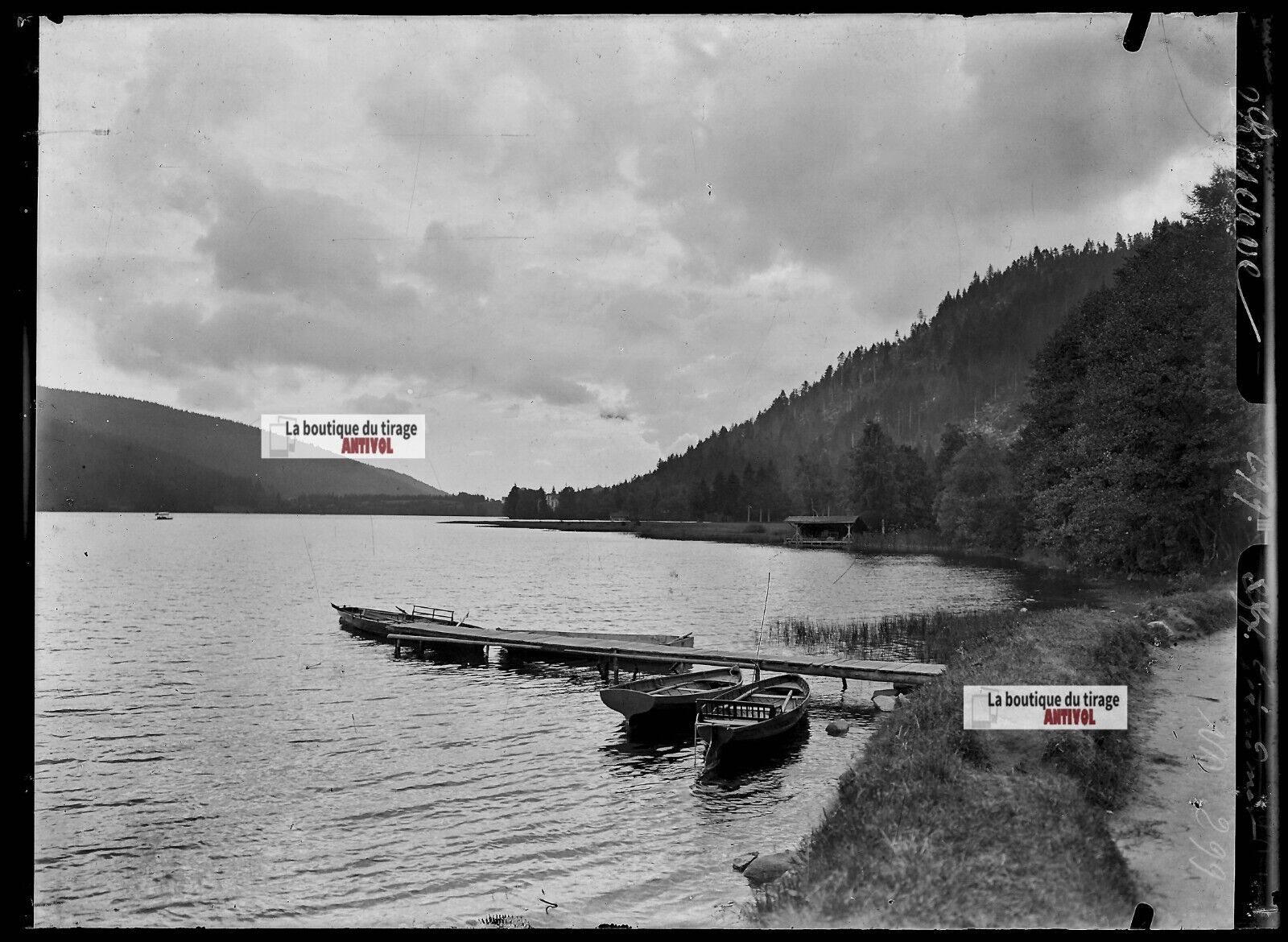 Plaque verre photo ancienne négatif noir et blanc 13x18 cm, lac de Gérardmer