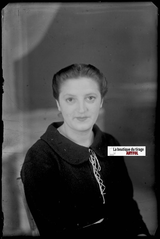 Femme, portrait, Plaque verre photo, négatif noir & blanc 10x15 cm France