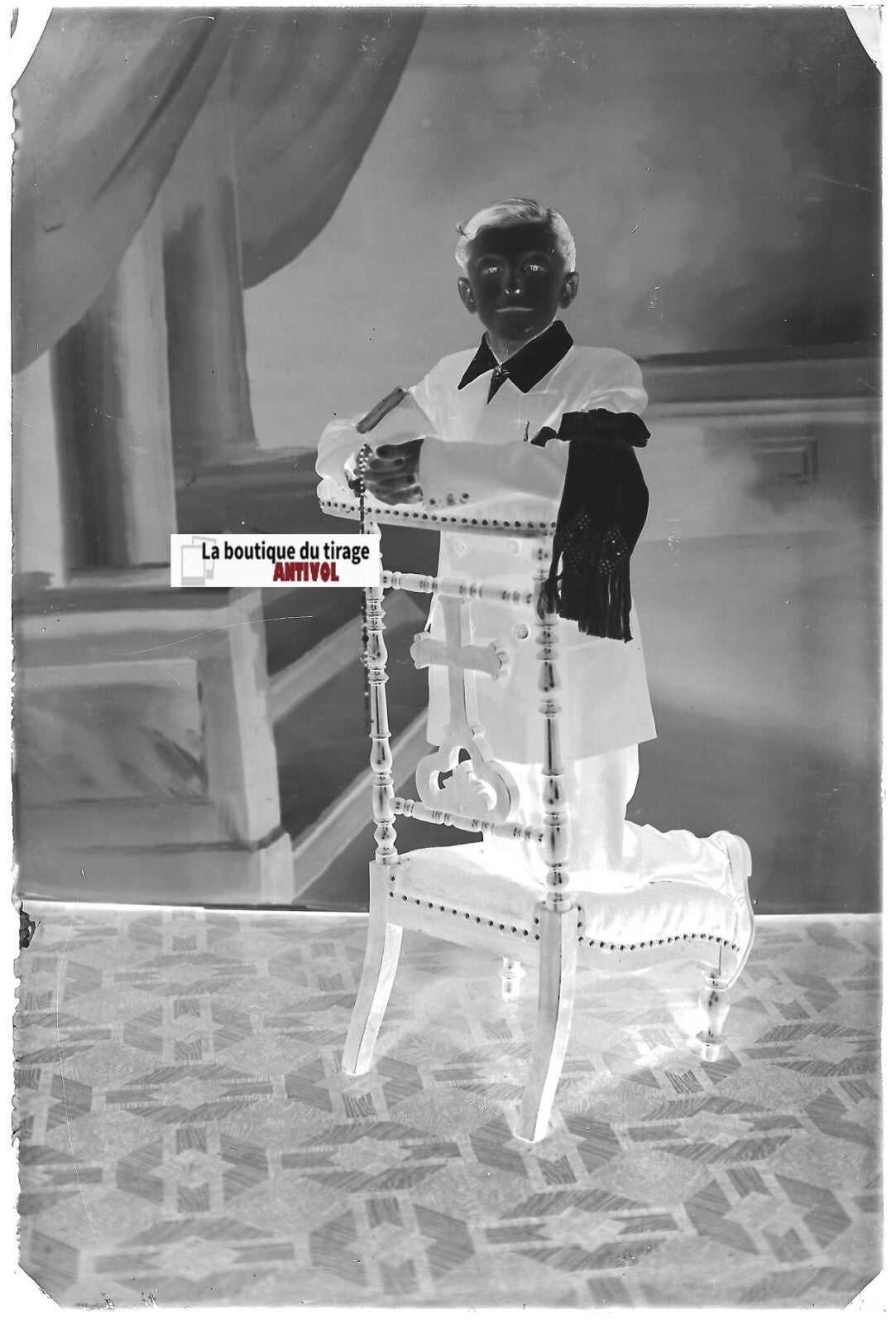 Communion, garçon, Plaque verre photo, négatif noir & blanc 10x15 cm France