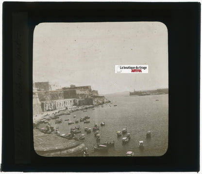 Port de La Valette, Malte, photo plaque verre, noir & blanc, positif 8,5x10 cm