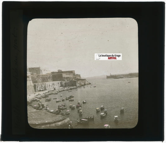 Port de La Valette, Malte, photo plaque verre, noir & blanc, positif 8,5x10 cm