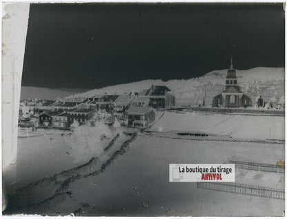 Village de montagne, paysage, plaque verre photo ancienne, négatif 9x12 cm