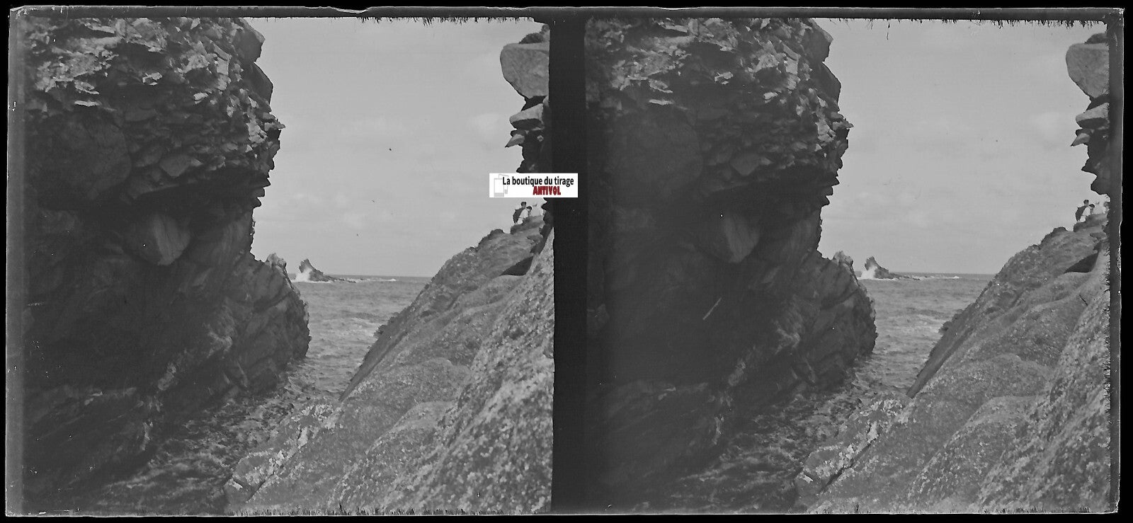 Plougasnou, Primel-Trégastel, Plaque verre stéréo négatif noir & blanc 6x13 cm