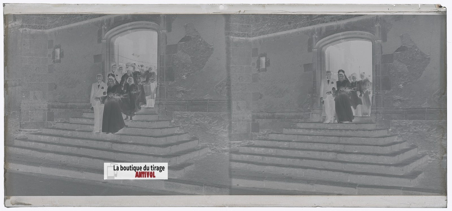 Mariage, village France, plaque verre, photo ancienne, négatif N&B 6x13 cm