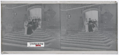 Mariage, village France, plaque verre, photo ancienne, négatif N&B 6x13 cm