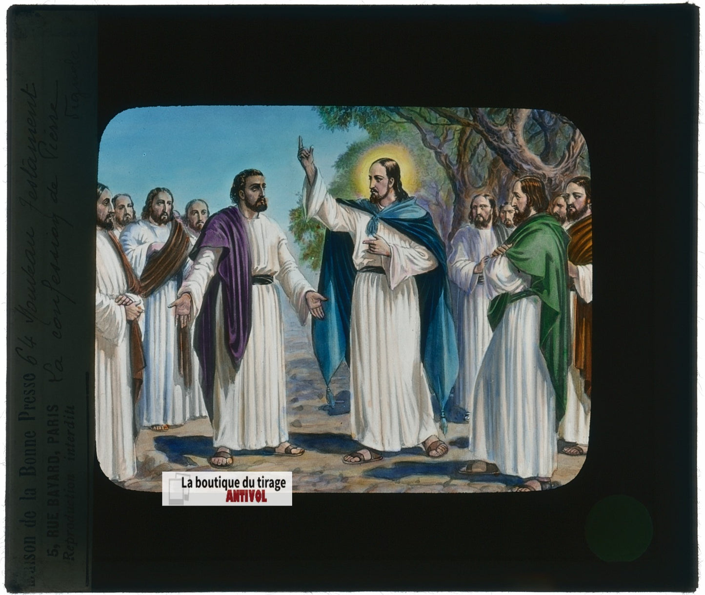 La confession de Pierre, dessin, plaque verre ancienne, couleur 8,5x10 cm