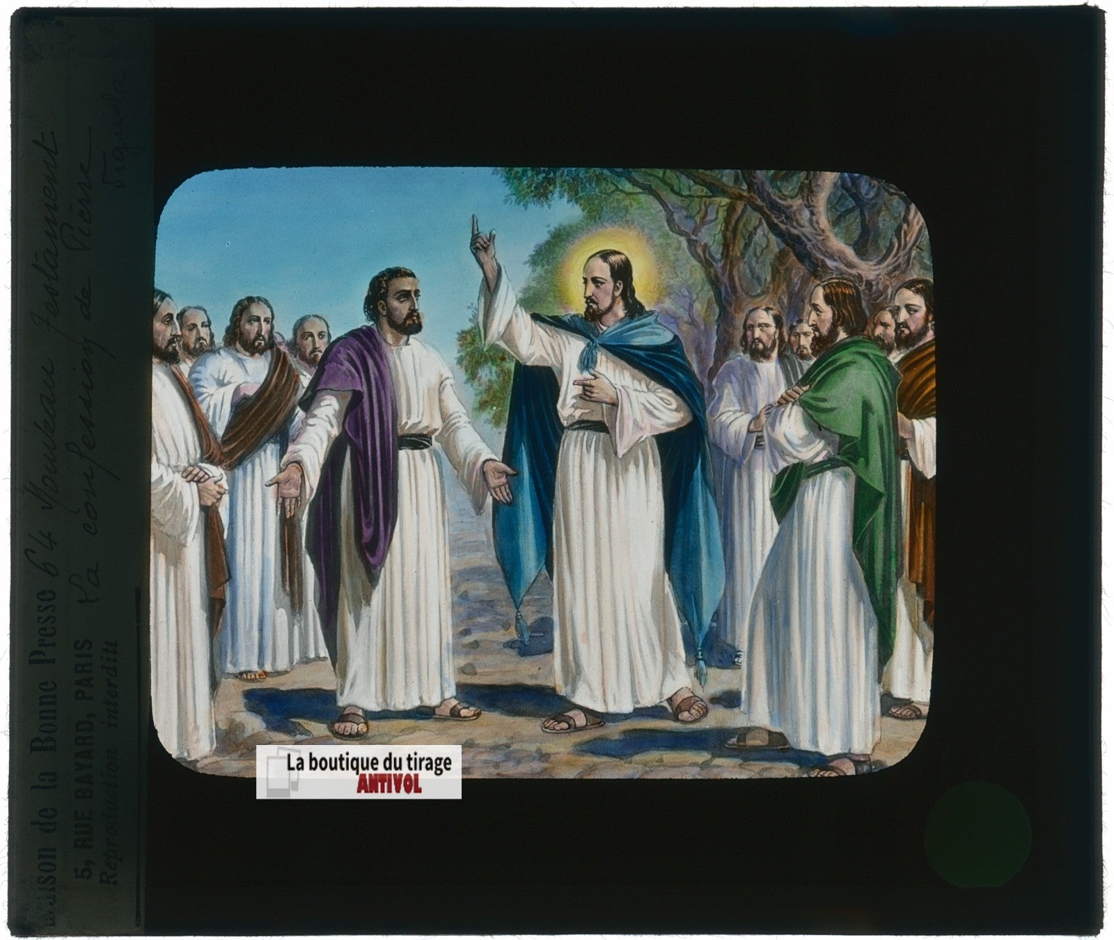 La confession de Pierre, dessin, plaque verre ancienne, couleur 8,5x10 cm