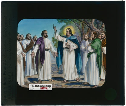 La confession de Pierre, dessin, plaque verre ancienne, couleur 8,5x10 cm