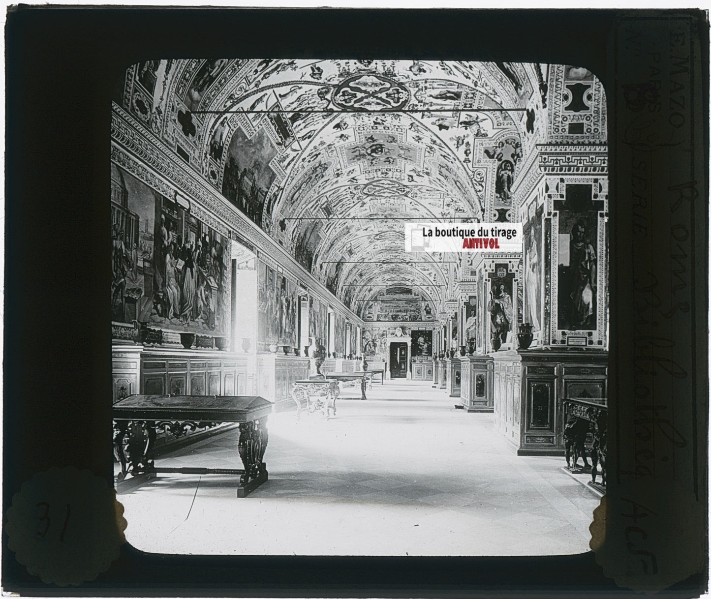 Bibliothèque du Vatican, photo plaque verre, noir & blanc, positif 8,5x10 cm