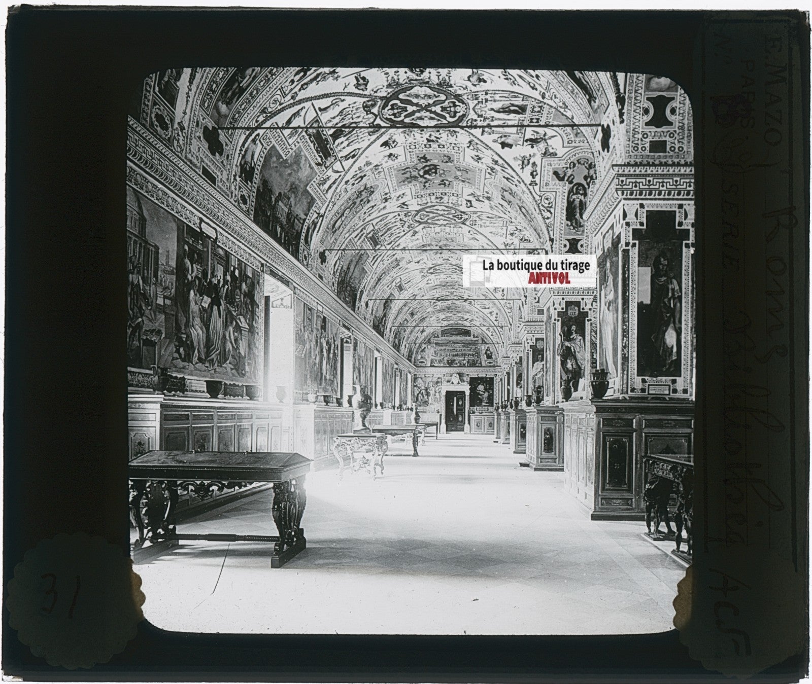 Bibliothèque du Vatican, photo plaque verre, noir & blanc, positif 8,5x10 cm