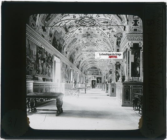 Bibliothèque du Vatican, photo plaque verre, noir & blanc, positif 8,5x10 cm