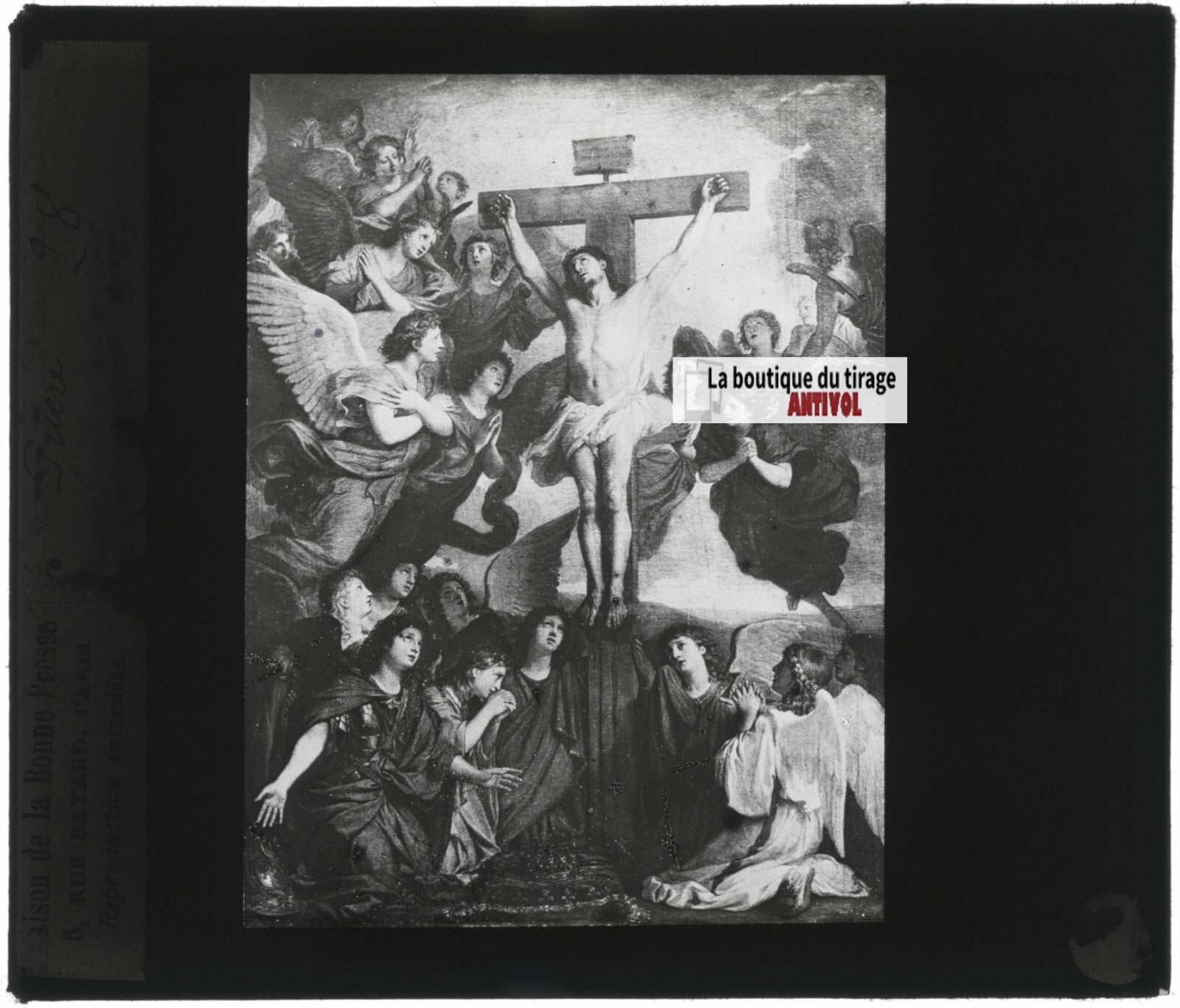 Scène religieuse, religion, dessin peinture, plaque verre, positif 8,5x10 cm