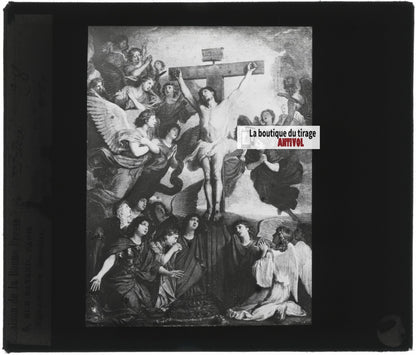 Scène religieuse, religion, dessin peinture, plaque verre, positif 8,5x10 cm