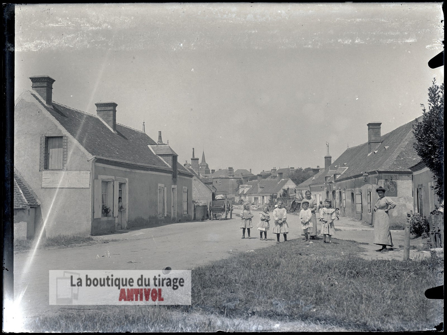 Enfants et familles, village, plaque verre, photo ancienne, négatif 9x12 cm