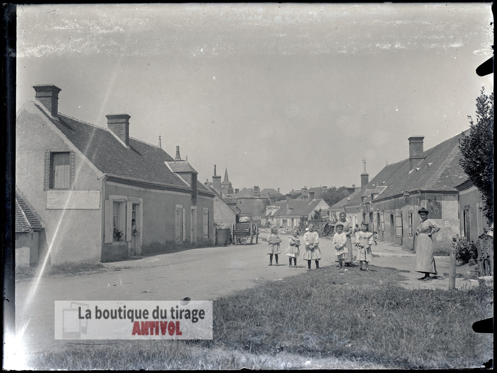 Enfants et familles, village, plaque verre, photo ancienne, négatif 9x12 cm