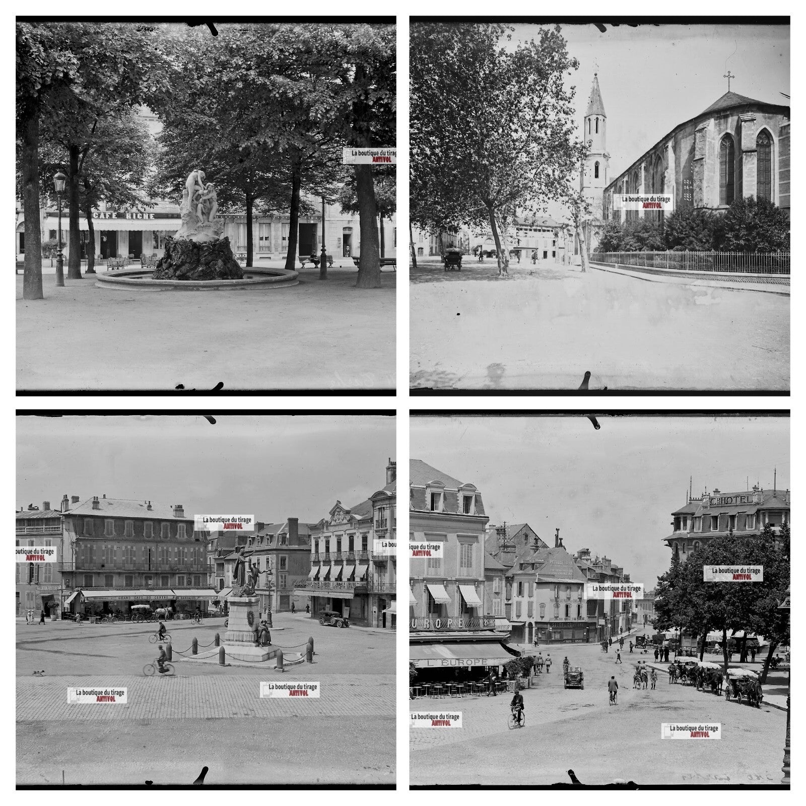 Tarbes, voitures, café, photos plaque de verre, lot de 4 négatifs 13x18 cm