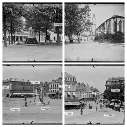 Tarbes, voitures, café, photos plaque de verre, lot de 4 négatifs 13x18 cm