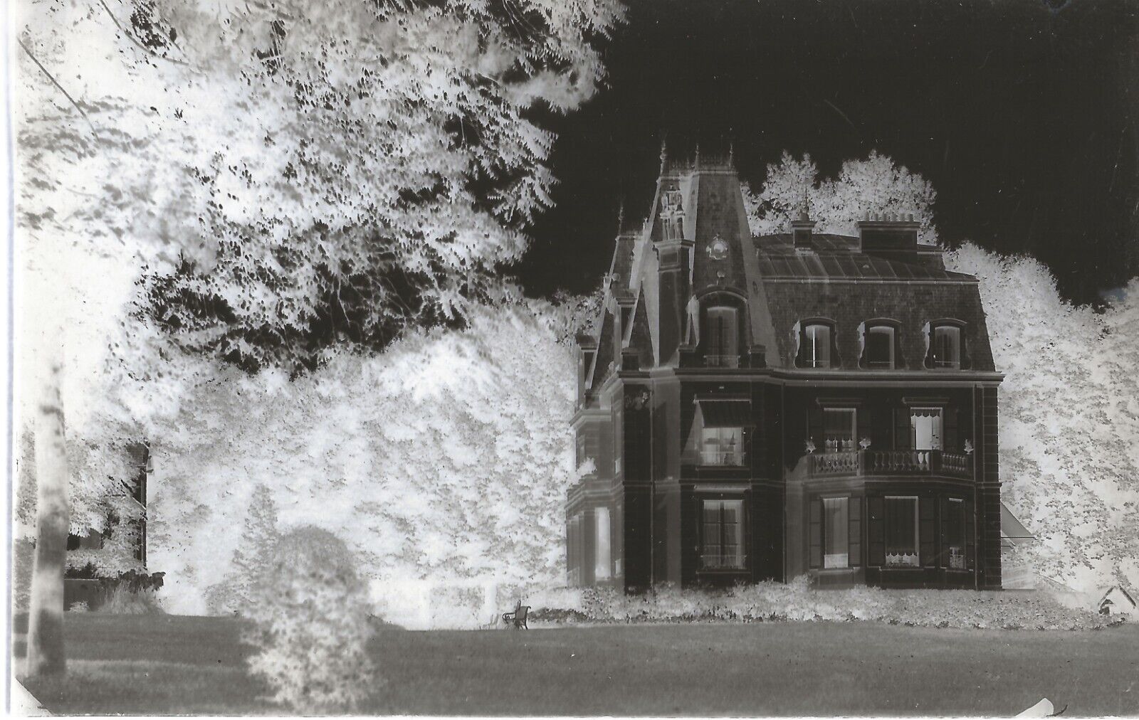 Plaque verre photo ancienne négatif 9x14 cm, noir et blanc château parc