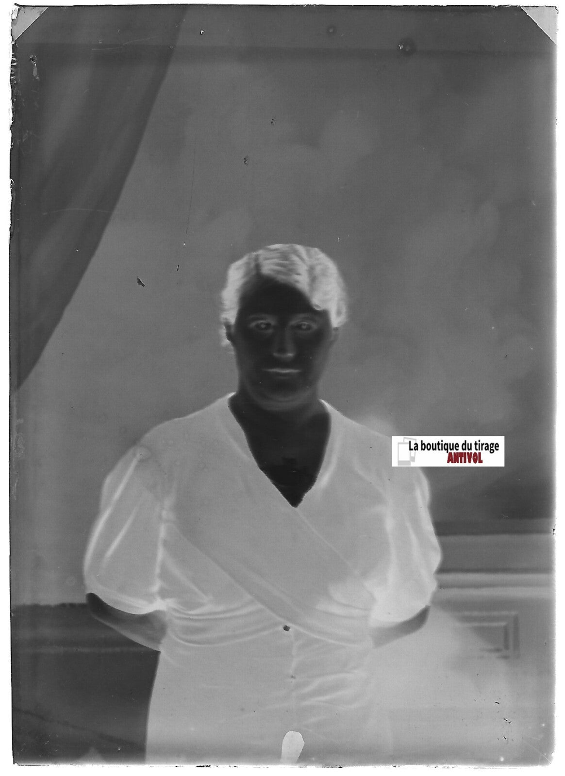 Portrait femme vintage, Plaque verre photo, négatif ancien noir & blanc 6x9 cm