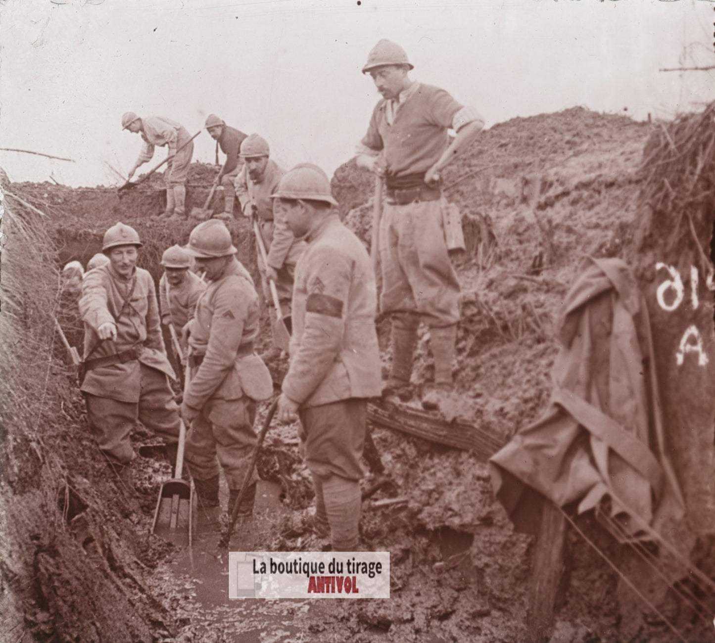 Un boyau à Quennevières, guerre WW1, plaque verre stéréo, photo 4,5x10,7 cm