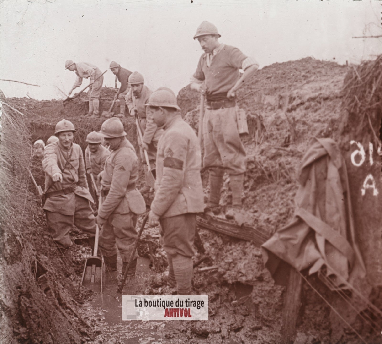 Un boyau à Quennevières, guerre WW1, plaque verre stéréo, photo 4,5x10,7 cm