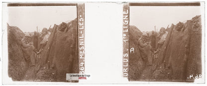 Mesnil-lès-Hurlus, tranchée, guerre WW1, plaque verre stéréo, photo 4,5x10,7 cm