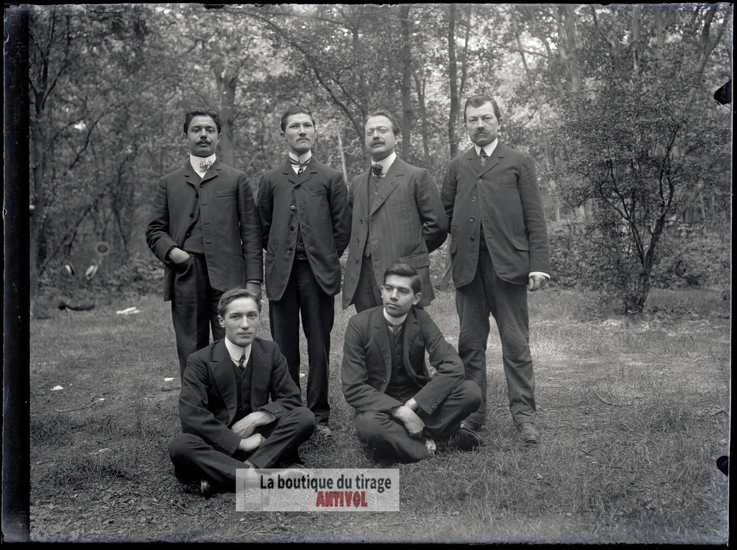 Portrait de groupe d’hommes, plaque verre, photo ancienne, négatif 9x12 cm