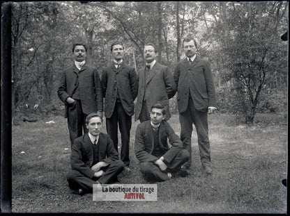 Portrait de groupe d’hommes, plaque verre, photo ancienne, négatif 9x12 cm