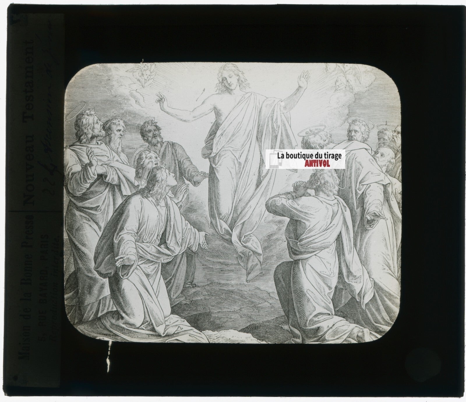 Scène religieuse, dessin, plaque de verre, noir & blanc, positif 8,5x10 cm