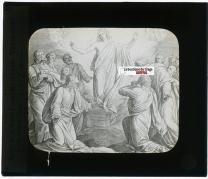 Scène religieuse, dessin, plaque de verre, noir & blanc, positif 8,5x10 cm