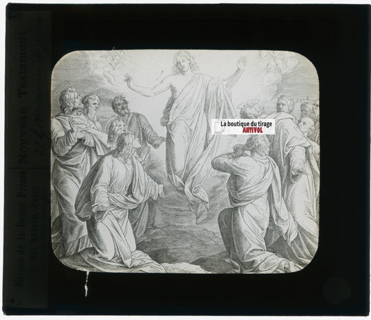 Scène religieuse, dessin, plaque de verre, noir & blanc, positif 8,5x10 cm