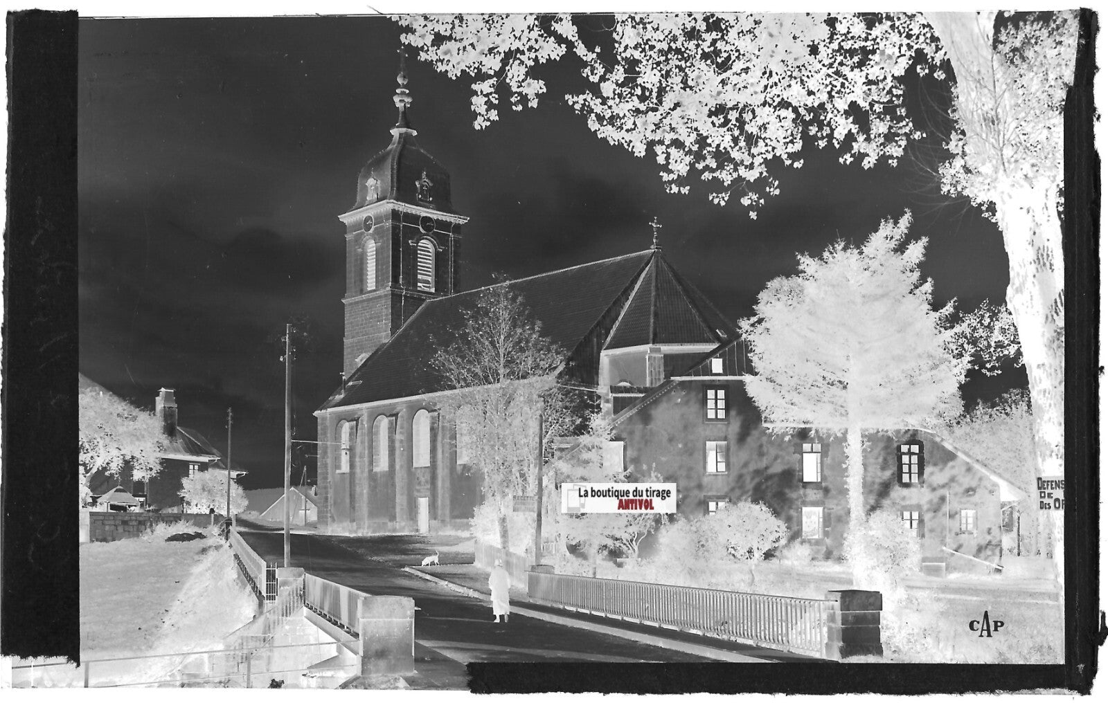 Plaque verre photo ancienne, négatif noir & blanc 9x14 cm, église de Mouthe