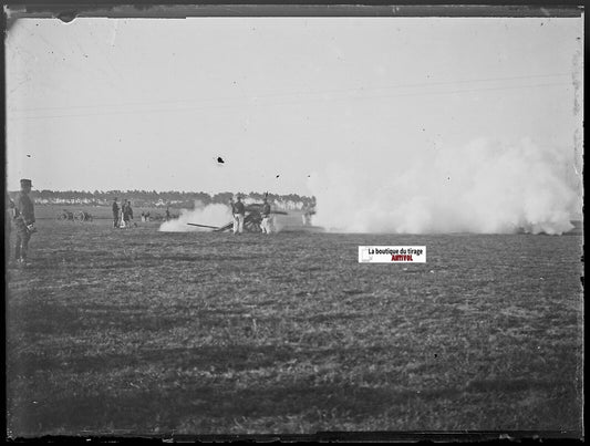 Canon, Camp de Meucon, Plaque verre photo ancienne, négatif noir & blanc 9x12 cm