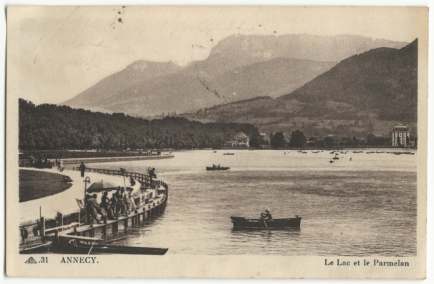 Plaque verre photo négatif noir et blanc 13x18 cm Annecy lac eau bateau + CPA