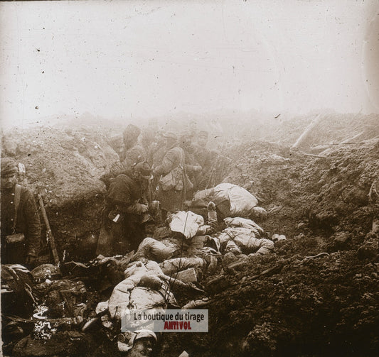 Hauts-de-Meuse, tranchée, guerre WW1, plaque verre photo ancienne stéréo 6x13 cm